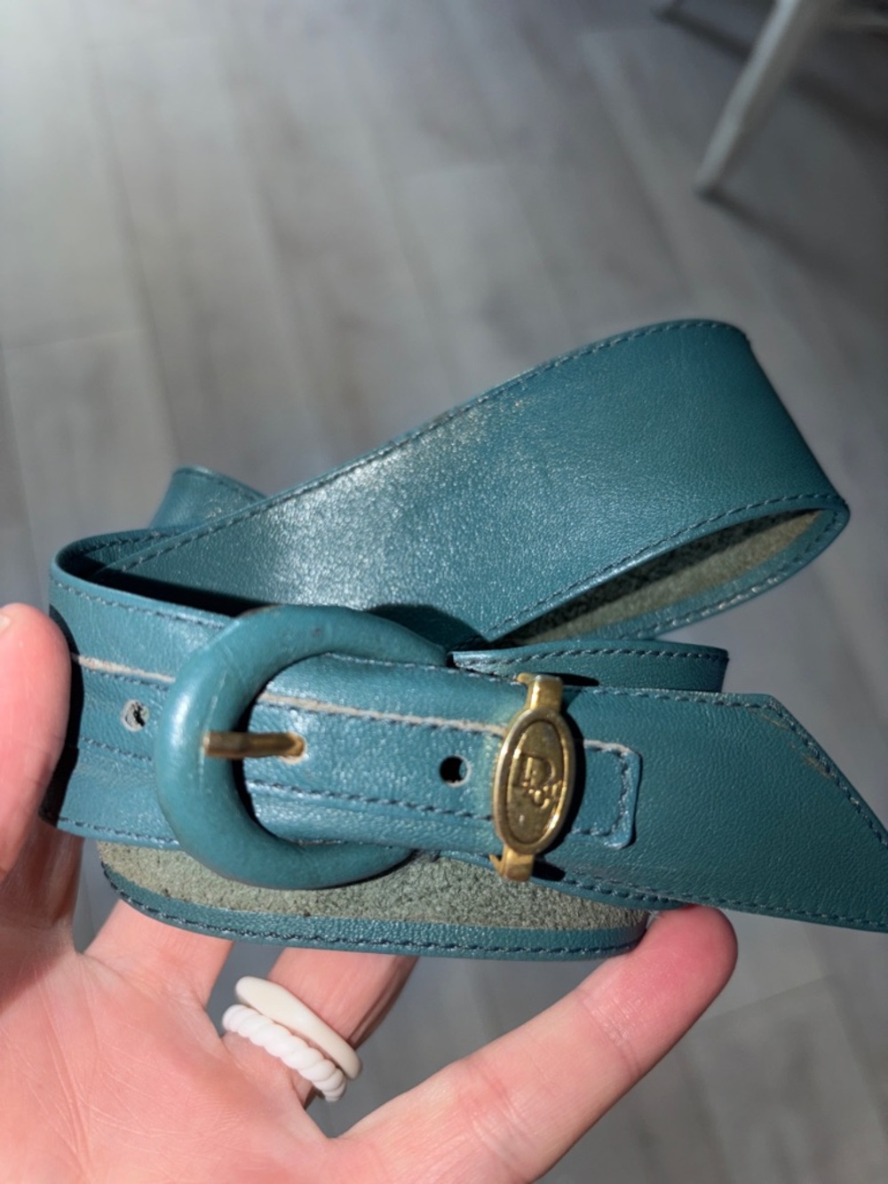 Christian Dior Belt logo front teal bluegreen 1980 authentic gold details small